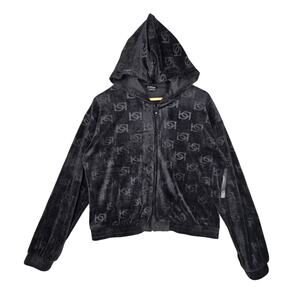 BEBE WOMEN’S BLACK VELOUR MONOGRAM ZIP‑UP HOODIE – SIZE XL - COZY & LIGHT